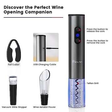 Flauno Electric Wine Opener Rechargeable - Automatic Wine Bottle Opener, Electric Corkscrew Wine Opener with Foil Cutter, Vacuum Wine Stopper, Wine Aerator Pourer, Wine Gift Set (Gray)