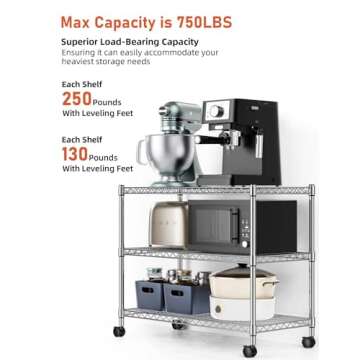 YSSOA Heavy Duty 3-Tier Storage Shelves 750Lb Capacity, 24.02" D x 13.78" W x 21.97" H Shelving Unit for Pantry, Garage, Laundry and Kitchen, Chrome