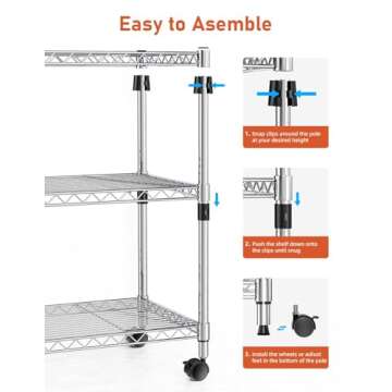 YSSOA Heavy Duty 3-Tier Storage Shelves 750Lb Capacity, 24.02" D x 13.78" W x 21.97" H Shelving Unit for Pantry, Garage, Laundry and Kitchen, Chrome