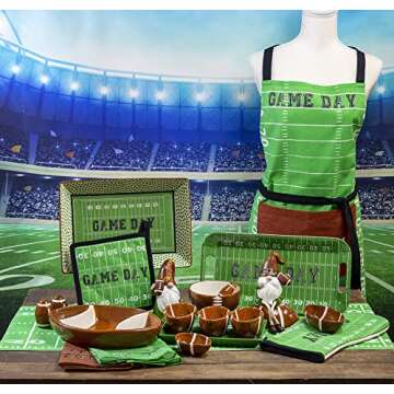 Boston International Serving Tray Football Party Ceramic Condiment Server Platter with Three Bowls, 10 x 6-Inches, Football Fever