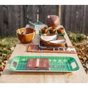 Boston International Serving Tray Football Party Ceramic Condiment Server Platter with Three Bowls, 10 x 6-Inches, Football Fever