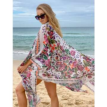 Hibluco Women's Summer Chiffon Floral Kimono Cardigan Long Swimwear Cover Ups