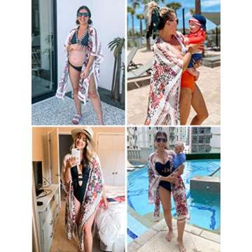 Hibluco Women's Summer Chiffon Floral Kimono Cardigan Long Swimwear Cover Ups