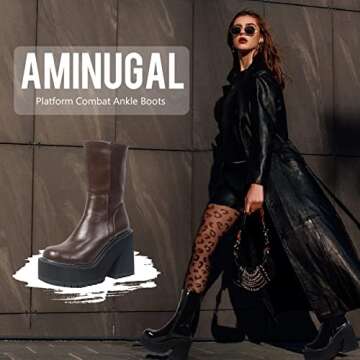 AMINUGAL Womens Wedge Heel Ankle Boots Platform Zipper Punk Motorcycle Booties Chunky Block High Hee...