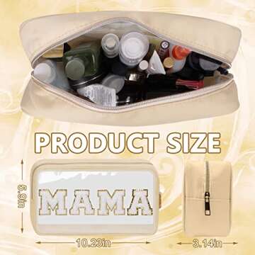 Iqimott Preppy Patch Clear Mama Bag, Women Chenille Letter Makeup Cosmetic Bag for Travel, Nylon Wat...