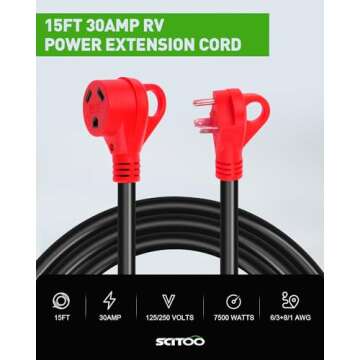 SCITOO RV Extension Cord 30 Amp 15 FT, Heavy Duty Power Cord with Grip Handle