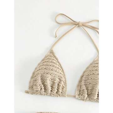 GORGLITTER Women's 3 Piece Swimsuits Halter Triangle String Bikini Set with Beach Skirt Swimwear Set Khaki Large