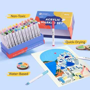 Arrtx 60 Colors Acrylic Paint Pens, Paint Markers Paint Pens, Brush Tip for Rock Painting, Wood, Canvas, Stone, Ceramic, DIY Crafts Making Art Supplies-with Neon & Metallic & Regular Color-60A