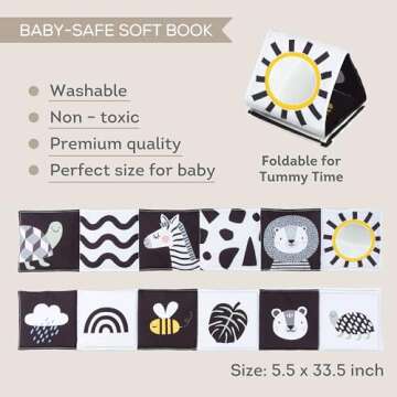Taf Toys Newborn Soft Activity Book Black & White High Contrast Baby Book Infant Sensory Toys Tummy Time Soft Cloth Books for Babies Textured Fabric Crinkling Shapes Patterns 0-12 Months Newborn Toys