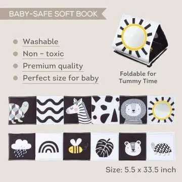 Taf Toys Newborn Soft Activity Book Black & White High Contrast Baby Book Infant Sensory Toys Tummy Time Soft Cloth Books for Babies Textured Fabric Crinkling Shapes Patterns 0-12 Months Newborn Toys