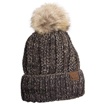 C.C Thick Cable Knit Faux Fuzzy Fur Pom Beanie