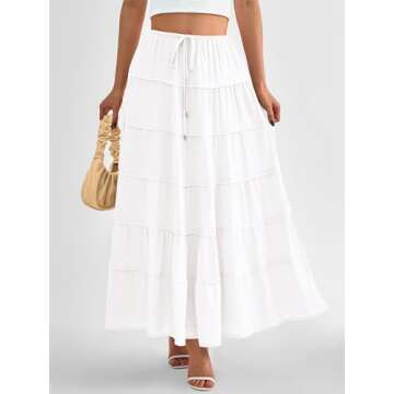 MASCOMODA Summer Long Maxi Skirt for Women 2024 Causal Boho Flowy High Waisted Ruffle Tiered A-Line Beach Skirts with Pockets(White,Medium)