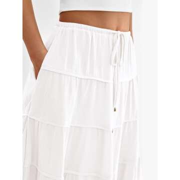 MASCOMODA Summer Long Maxi Skirt for Women 2024 Causal Boho Flowy High Waisted Ruffle Tiered A-Line Beach Skirts with Pockets(White,Medium)