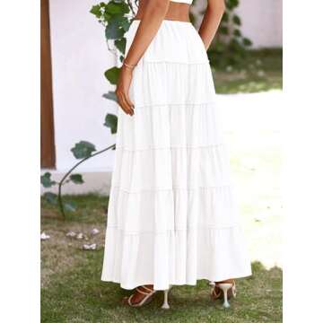 MASCOMODA Summer Long Maxi Skirt for Women 2024 Causal Boho Flowy High Waisted Ruffle Tiered A-Line Beach Skirts with Pockets(White,Medium)