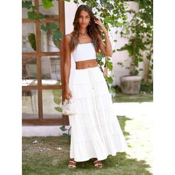 MASCOMODA Summer Long Maxi Skirt for Women 2024 Causal Boho Flowy High Waisted Ruffle Tiered A-Line Beach Skirts with Pockets(White,Medium)
