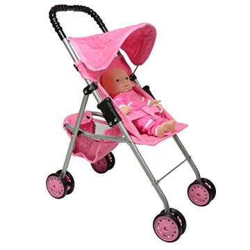 The New York Doll Collection My First Doll Stroller with Basket, Foldable Doll Stroller (Pink Quilte...