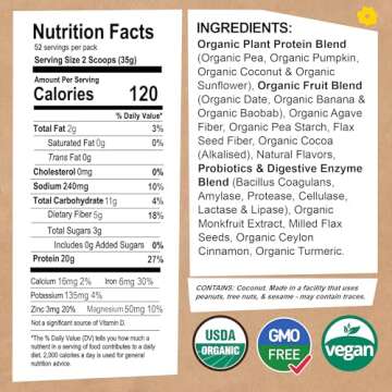 EarthChimp Organic Vegan Protein Powder - with Probiotics - Non GMO, Dairy Free, Non Whey, Plant Bas...