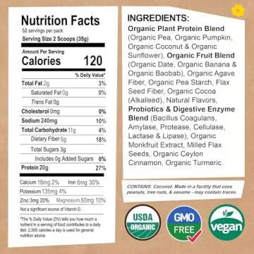 EarthChimp Organic Vegan Protein Powder - with Probiotics - Non GMO, Dairy Free, Non Whey, Plant Bas...