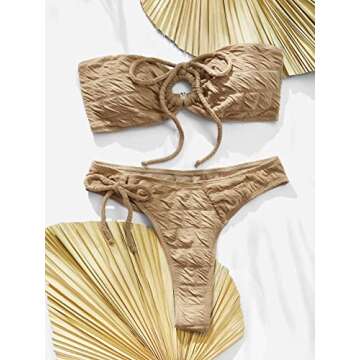 SweatyRocks Women's 2 Piece Swimsuit Strapless Bandeau Bikini Tie Front Bathing Suit Swimwear Khaki S