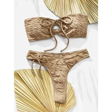 SweatyRocks Women's 2 Piece Swimsuit Strapless Bandeau Bikini Tie Front Bathing Suit Swimwear Khaki S