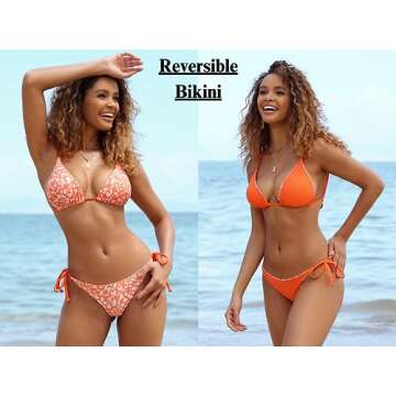 ZAFUL Women's Triangle Floral String Bikini Set in Pumpkin Orange