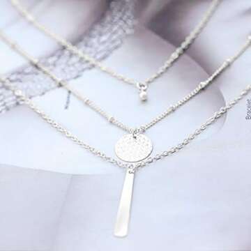 Yalice Multi-Layered Disc Necklace Chain Bar Drop Pendant Necklaces Coin Jewelry for Women (Silver)
