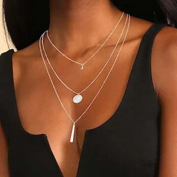 Yalice Multi-Layered Disc Necklace Chain Bar Drop Pendant Necklaces Coin Jewelry for Women (Silver)