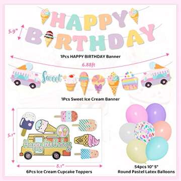72Pcs Ice Cream Birthday Party Decorations for Girls Kids, Pastel Ice Cream Balloon Garland Arch Kit...