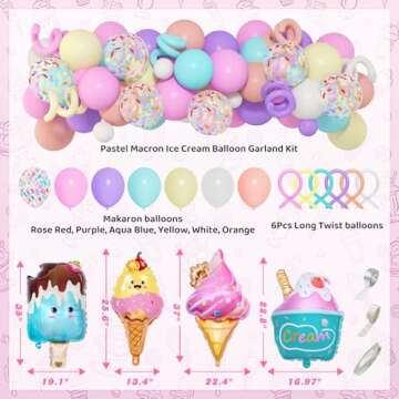 72Pcs Ice Cream Birthday Party Decorations for Girls Kids, Pastel Ice Cream Balloon Garland Arch Kit First Two Sweet Birthday Banner Foil Sprinkle Long Twist Balloons Cupcake Toppers Party Supplies