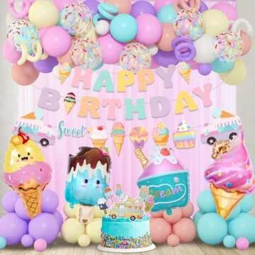 72Pcs Ice Cream Birthday Party Decorations for Girls Kids, Pastel Ice Cream Balloon Garland Arch Kit First Two Sweet Birthday Banner Foil Sprinkle Long Twist Balloons Cupcake Toppers Party Supplies