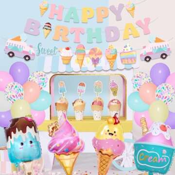 72Pcs Ice Cream Birthday Party Decorations for Girls Kids, Pastel Ice Cream Balloon Garland Arch Kit First Two Sweet Birthday Banner Foil Sprinkle Long Twist Balloons Cupcake Toppers Party Supplies