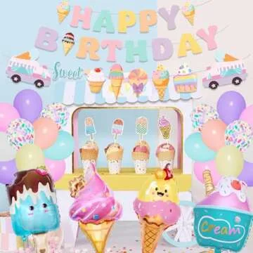 72Pcs Ice Cream Birthday Party Decorations for Girls Kids, Pastel Ice Cream Balloon Garland Arch Kit First Two Sweet Birthday Banner Foil Sprinkle Long Twist Balloons Cupcake Toppers Party Supplies
