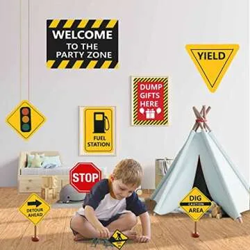 13 pcs construction Birthday Party supplies, construction party decorations for boys kid birthday party Baby Shower，11.8 inch construction theme party wall decor signs with Yellow Caution Tape