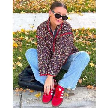 Yimoon Women's Cropped Puffer Quilted Jacket Vintage Floral Print Open Front Lightweight Short Jacket Outwear