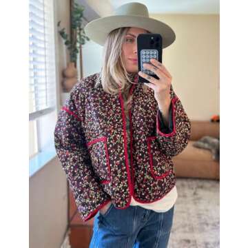 Yimoon Women's Cropped Puffer Quilted Jacket Vintage Floral Print Open Front Lightweight Short Jacket Outwear