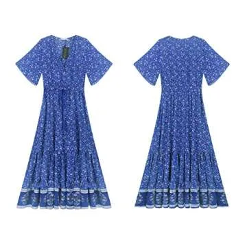 R.Vivimos Womens Summer Cotton Short Sleeve V Neck Floral Print Casual Bohemian Midi Dresses (Medium, Blue)