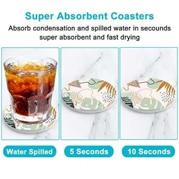 Nipichsha Coasters for Drinks, Set of 6 Cute Absorbent Ceramic Drink Coasters for Cup with Holder and Cork Base, Kitchen Home Decor Housewarming Gift, Round 4 in, Boho Leaves