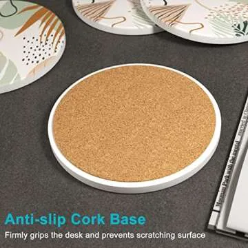 Nipichsha Coasters for Drinks, Set of 6 Cute Absorbent Ceramic Drink Coasters for Cup with Holder and Cork Base, Kitchen Home Decor Housewarming Gift, Round 4 in, Boho Leaves