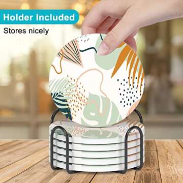 Nipichsha Coasters for Drinks, Set of 6 Cute Absorbent Ceramic Drink Coasters for Cup with Holder and Cork Base, Kitchen Home Decor Housewarming Gift, Round 4 in, Boho Leaves