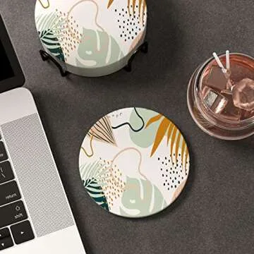 Nipichsha Coasters for Drinks, Set of 6 Cute Absorbent Ceramic Drink Coasters for Cup with Holder and Cork Base, Kitchen Home Decor Housewarming Gift, Round 4 in, Boho Leaves