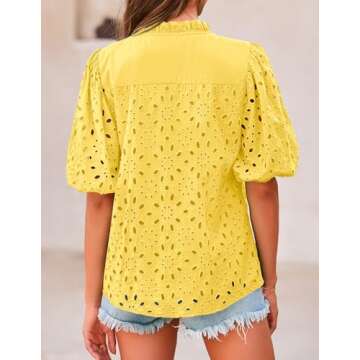 PRETTYGARDEN Women's Summer Tops 2025 Dressy Casual Short Sleeve V Neck Buttons Hollow Out Lace Embr...