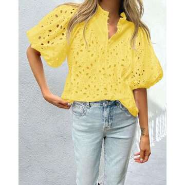 PRETTYGARDEN Women's Summer Tops 2025 Dressy Casual Short Sleeve V Neck Buttons Hollow Out Lace Embroidered Blouses Shirts (Yellow,Small)
