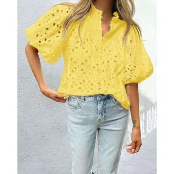 PRETTYGARDEN Women's Summer Tops 2025 Dressy Casual Short Sleeve V Neck Buttons Hollow Out Lace Embroidered Blouses Shirts (Yellow,Small)