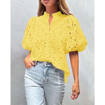 PRETTYGARDEN Women's Summer Tops 2025 Dressy Casual Short Sleeve V Neck Buttons Hollow Out Lace Embroidered Blouses Shirts (Yellow,Small)