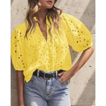 PRETTYGARDEN Women's Summer Tops 2025 Dressy Casual Short Sleeve V Neck Buttons Hollow Out Lace Embroidered Blouses Shirts (Yellow,Small)