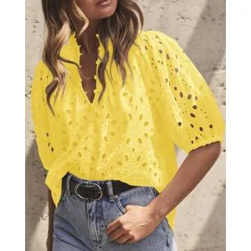 PRETTYGARDEN Women's Summer Tops 2025 Dressy Casual Short Sleeve V Neck Buttons Hollow Out Lace Embroidered Blouses Shirts (Yellow,Small)