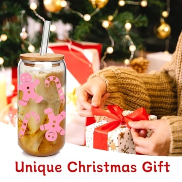 ANOTION Christmas Glass Cups with Lids and Straws