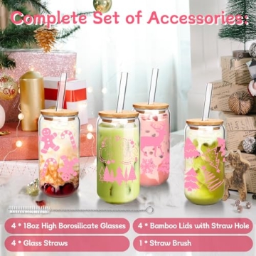 ANOTION Christmas Glass Cups with Lids and Straws