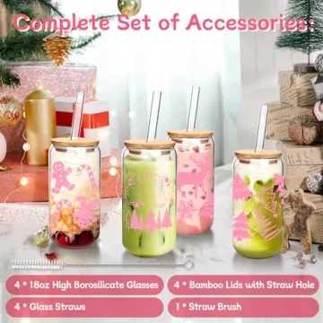 ANOTION Christmas Glass Cups with Lids and Straws