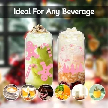 ANOTION Christmas Glass Cups with Lids and Straws
